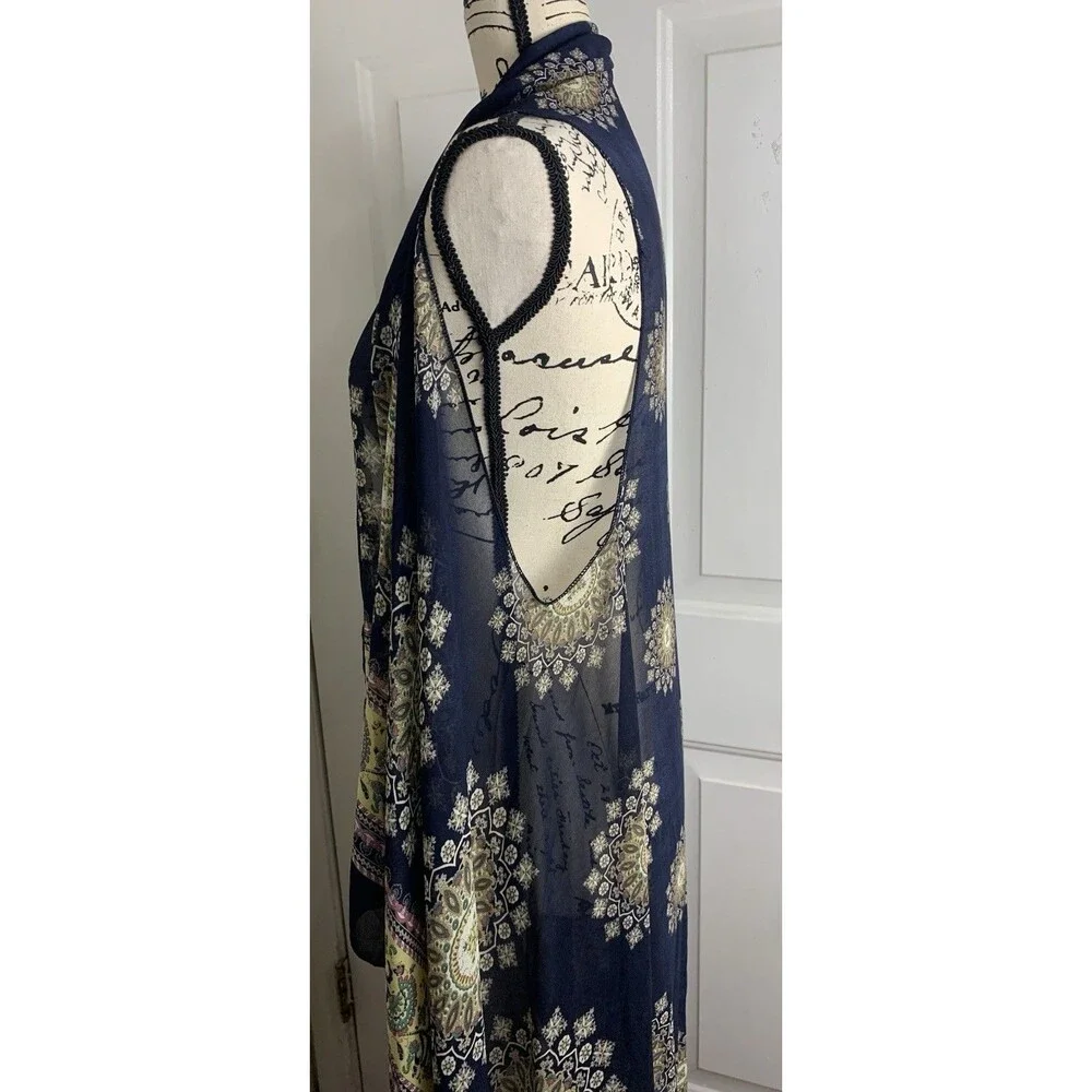 Scarf Vest Long Flowy Sleeveless Navy Print Silky One Size Boho Asymetrical